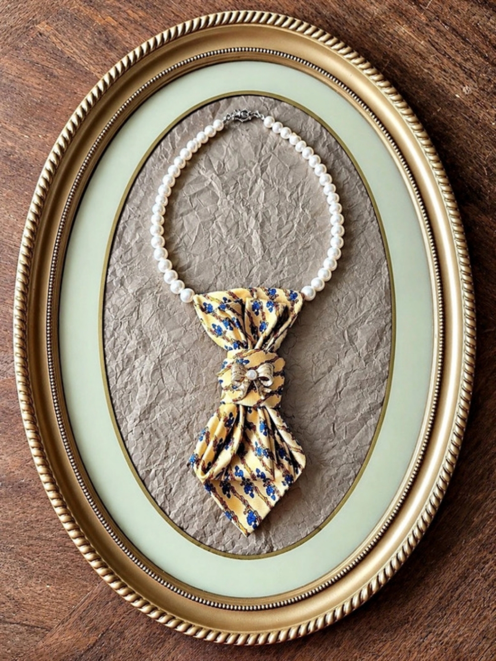 Pandora Vintage Floral Silk Tiel Necklace Yellow & Blue With Vintage Bow Brooch